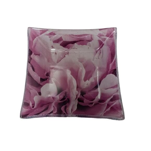 Glass Candle Drip Dish Plate 4" ROSE PETALS Violet Pink Square Romantic Vintage - Picture 1 of 16